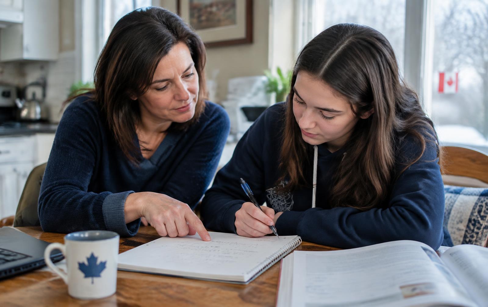 A parent helping a teenager with algebra homework at the kitchen table